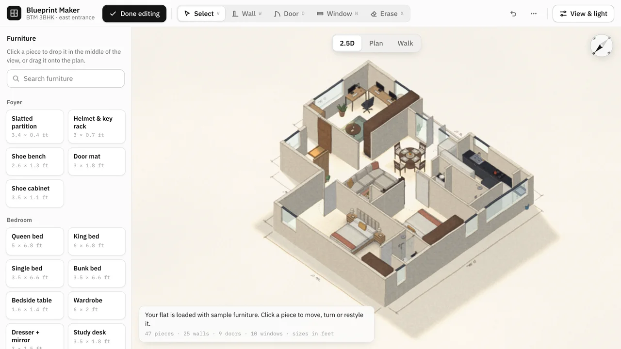 Blueprint floor-plan editor showing a furnished three-bedroom flat in a 2.5D cutaway view beside a furniture catalogue