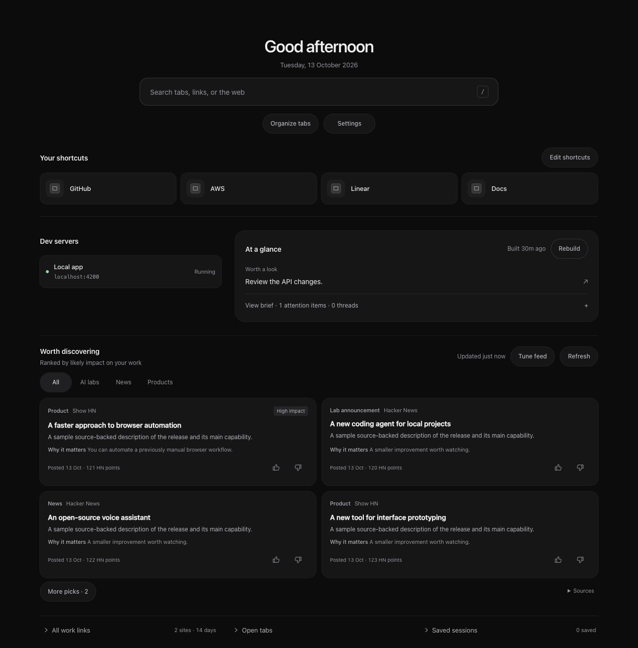 Tabbit’s new tab with work shortcuts, dev servers, a compact brief, and a discovery feed.