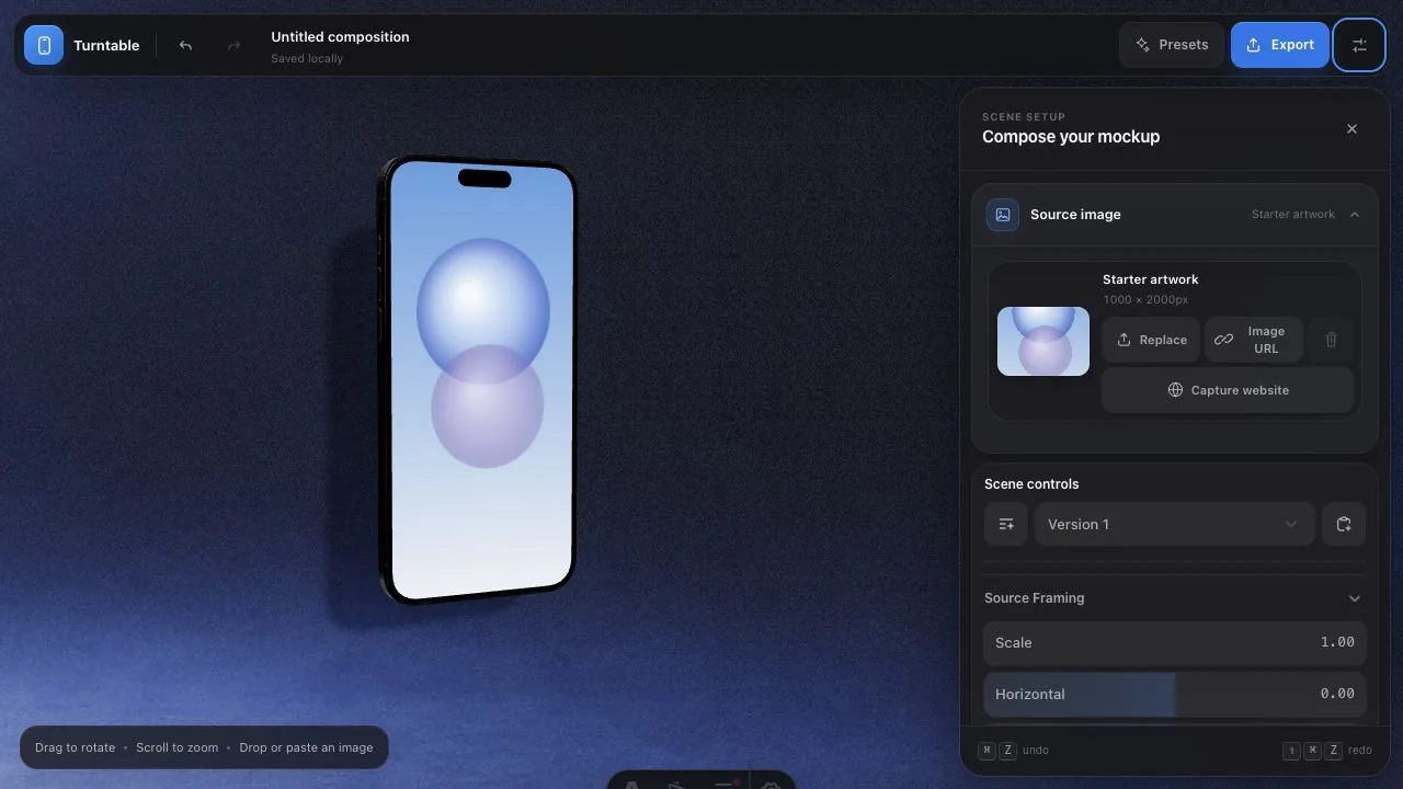 Turntable showing a browser-based 3D device mockup studio